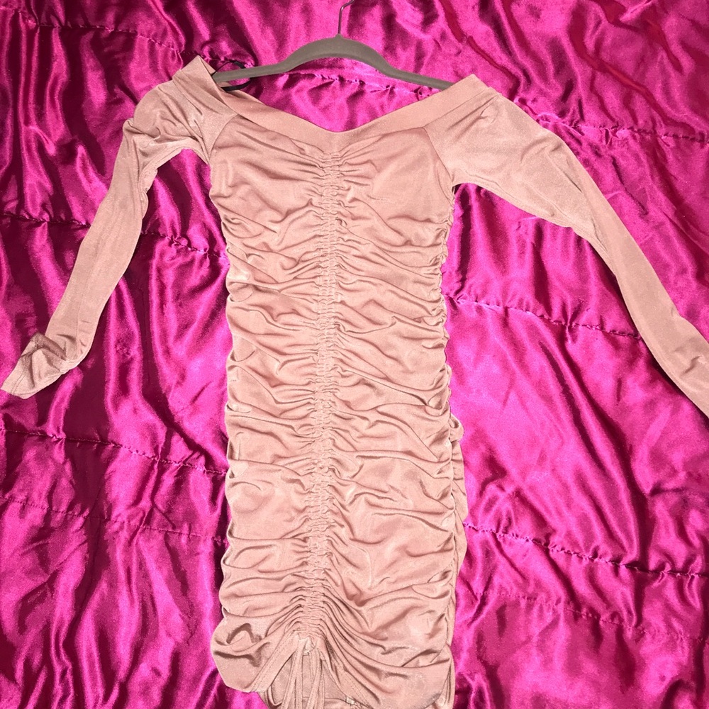 Off the shoulder pink silk bodycon dress